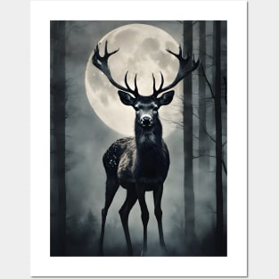 Deer in a Mysterious Dark Foggy Forest Vintage Art Posters and Art